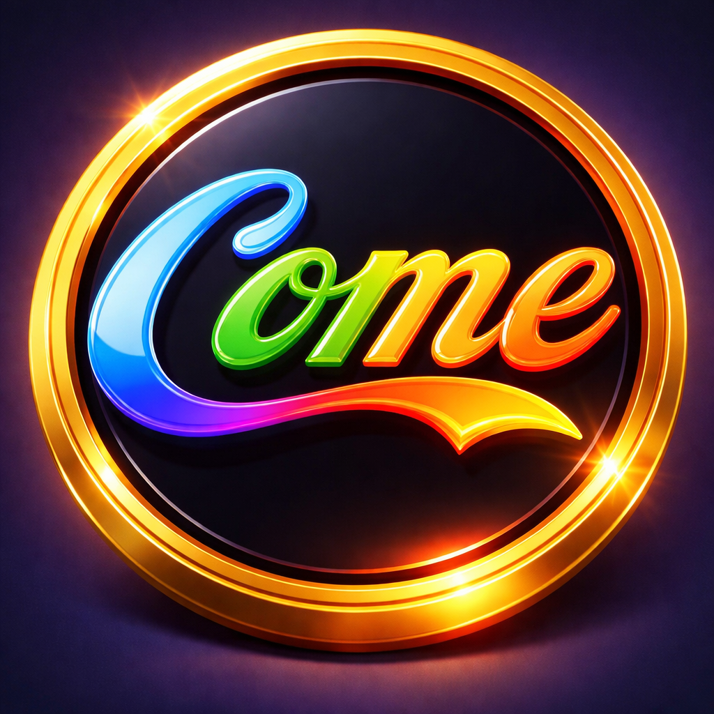 Come” text logo inside a glowing golden circular frame on dark background