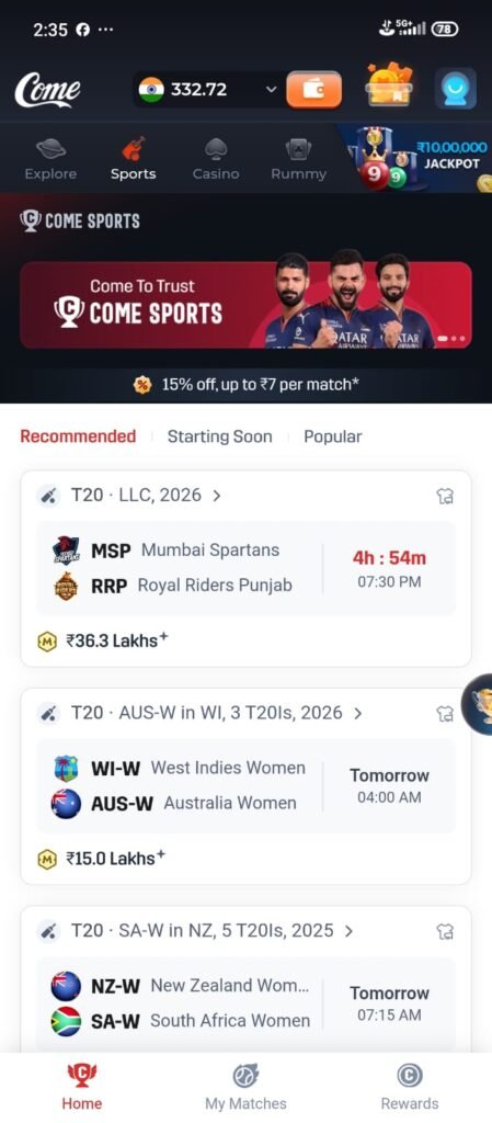 Come11 fantasy cricket app interface with team selection and live match updates